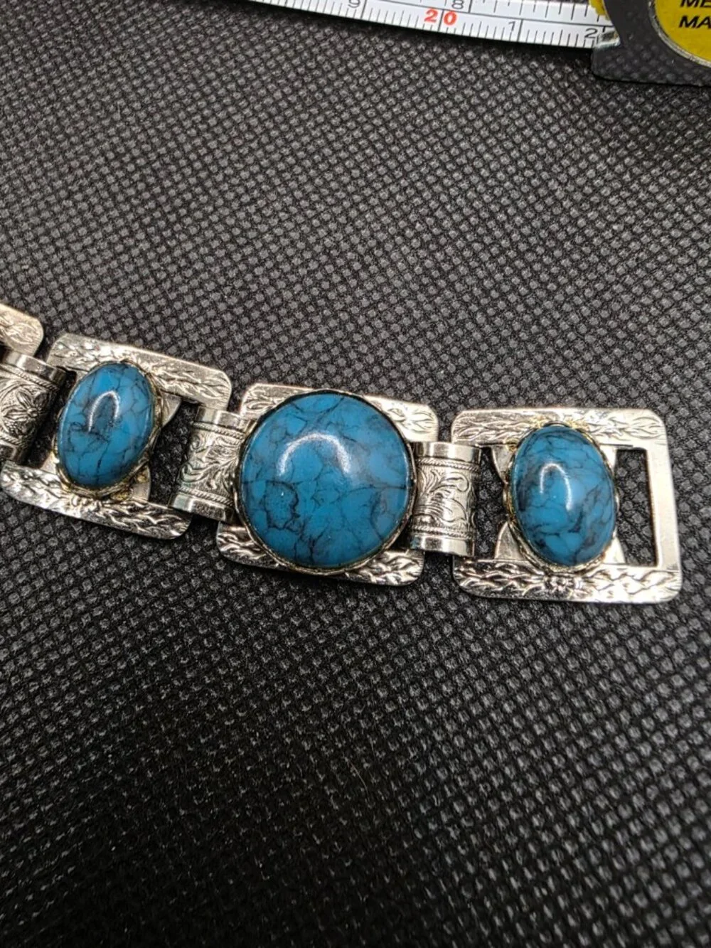 Vintage Silver Tone Faux Turquoise Panel Link Bracelet 7